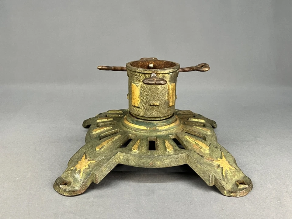 Antiguo soporte para árbol de Navidad alemán Art Deco de hierro fundido con detalles dorados Foto 4 de 4