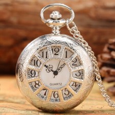 Vintage Quartz Pocket Watch Silver Hollow Case Arabic Numerals Dial Casual Gifts