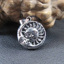 Solid 925 Sterling Silver Crescent Moon & Sun Cuddle Faces Pendant Lunar Charm