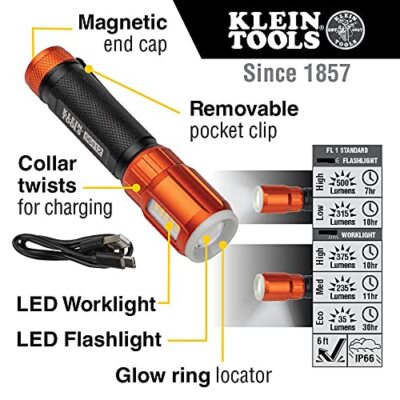 Klein Tools 56412 Rechargeable LED Flashlight with Worklight, 500