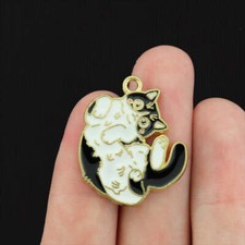 2 Black and White Cat Gold Tone Enamel Charms - E148