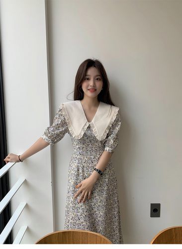 Vestito donna elegante bambola francese colletto floreale vita lunga manica corta vestito - Foto 12 di 13