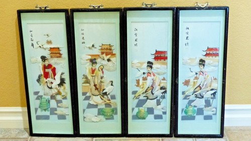 4 pannelli fanciulle asiatiche con gru cornice nera con plexiglas vintage metà secolo