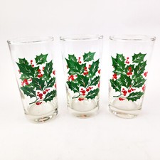 Vintage Indiana Glass Holly  Berries Christmas 3 pc Holiday Beverage Tumblers b