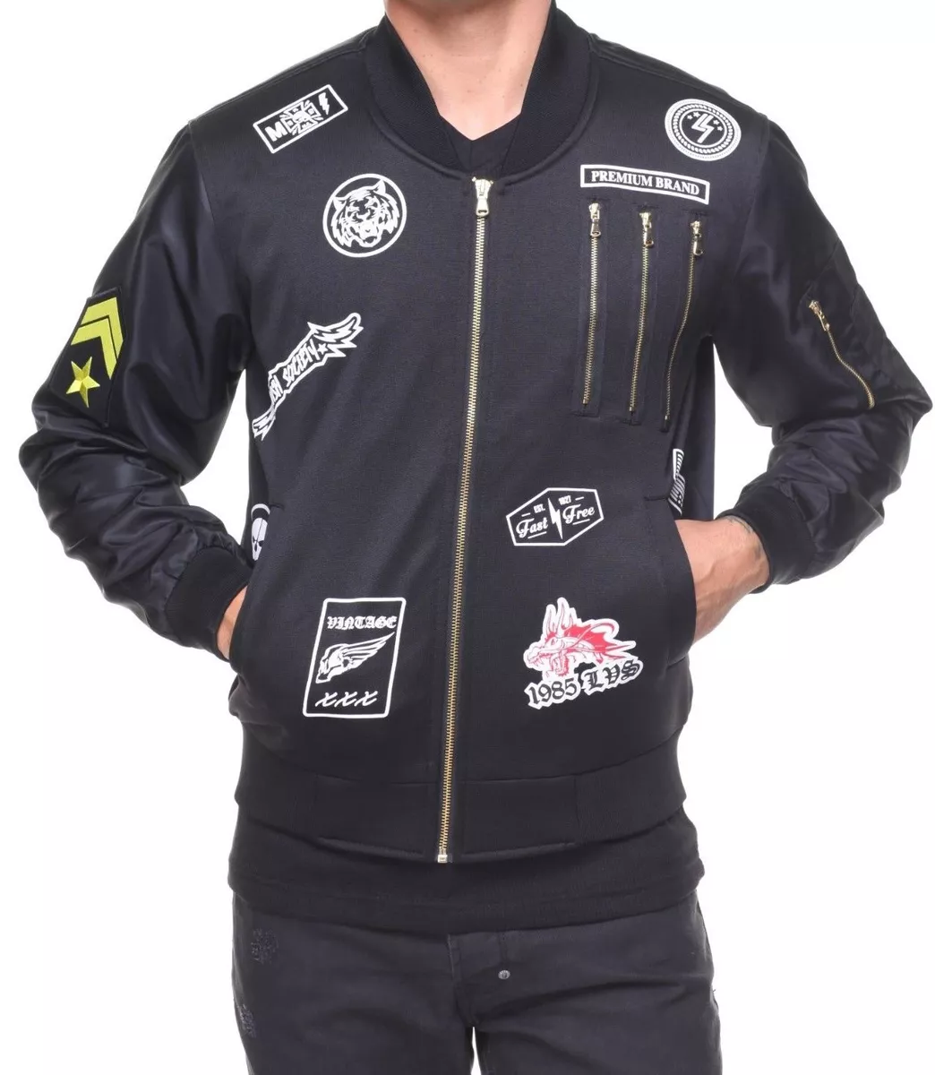 NEW PRINTED MA1 JACKET BOMBER MEN'S MULTI LOGO, 3 GOLD FASHION ZIPPERS ON CHEST