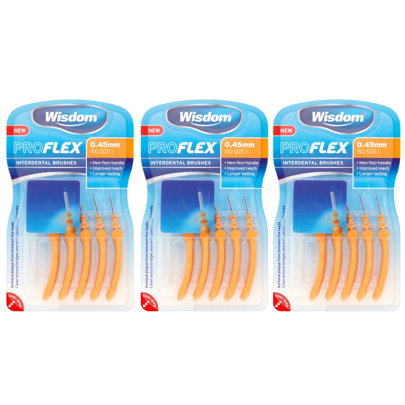 WISDOM PROFLEX 3 PACKS OF 5 Interdental Brushes 0.45 mm Orange ISO SIZE 1 NEW