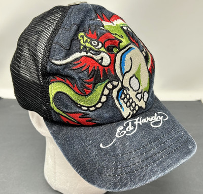 Ed Hardy Skull Dragon Rhinestone Trucker Hat Denim Black Mesh Y2K Snapback
