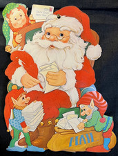 VTG FLOCKED DIE CUT PAPER SANTA ELVES LETTERS Christmas CUTOUT 18"T Retro