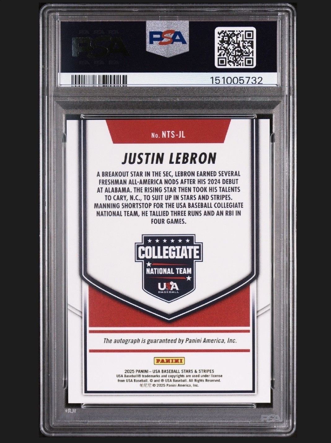 2025 Panini Stars & Stripes USA Justin Lebron Collegiate Swirl Auto /75 PSA 10 view 2
