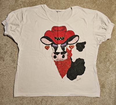 Vintage 90s Hand Painted Cow Art T-shirt Mens XL Grunge Granny 1993 Ironic Funny