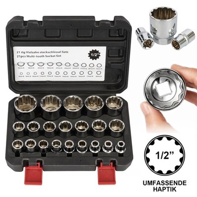 21tlg 1/2'' Steckschlüssel Vielzahn Nuss Satz Stecknuss für 6 und 12 Kant 8-36mm