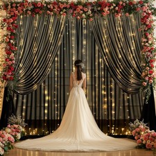 10x10ft Black Tulle Backdrop Curtain with Lights String for Wedding, Wrinkle ...