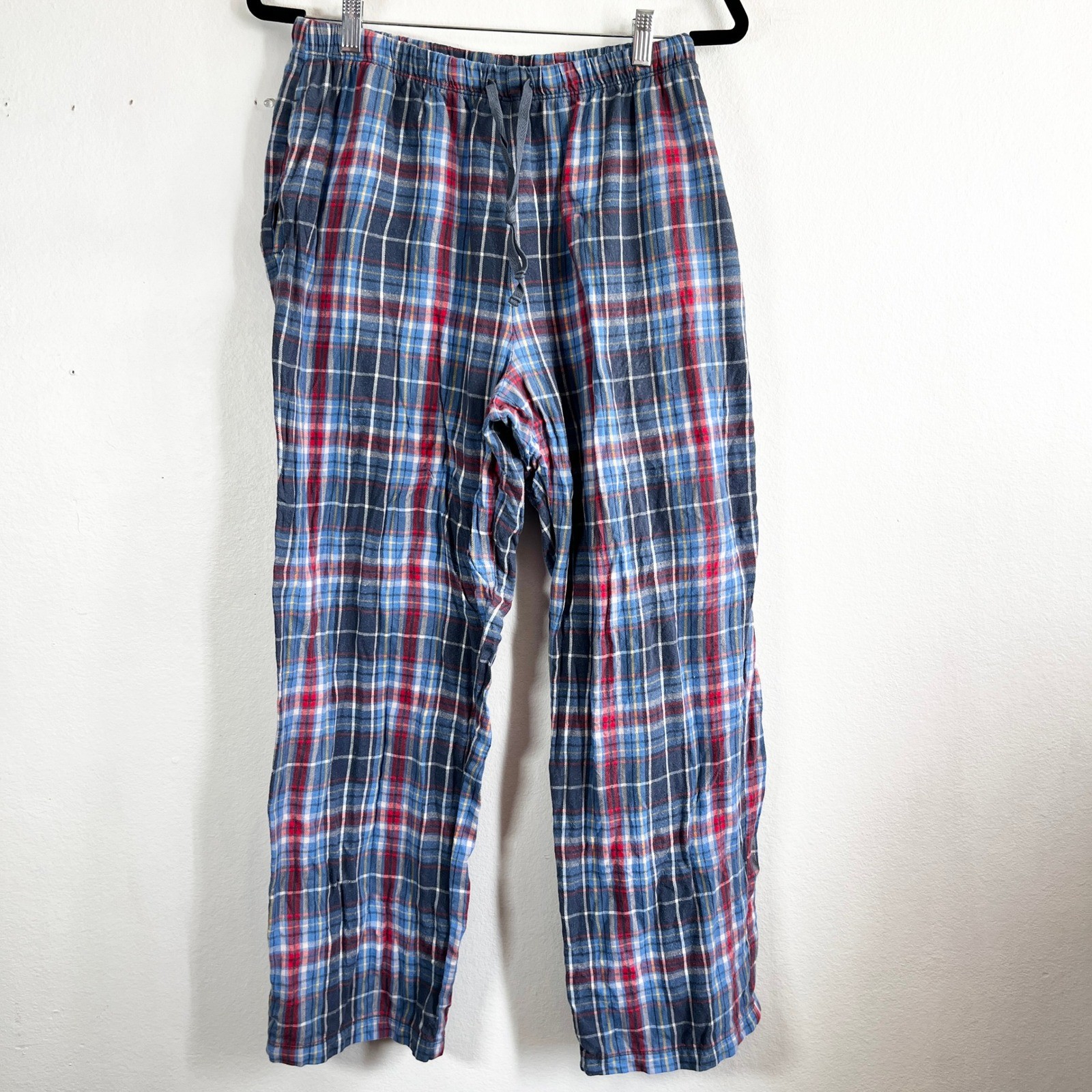 LL Bean Flannel Pajama Pants Blue Plaid Print Drawstring Womens Large