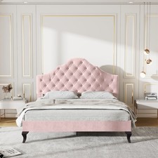 4ft6 Double Size Bed Frame Velvet Upholstered Platform Bed with Headboard Pink