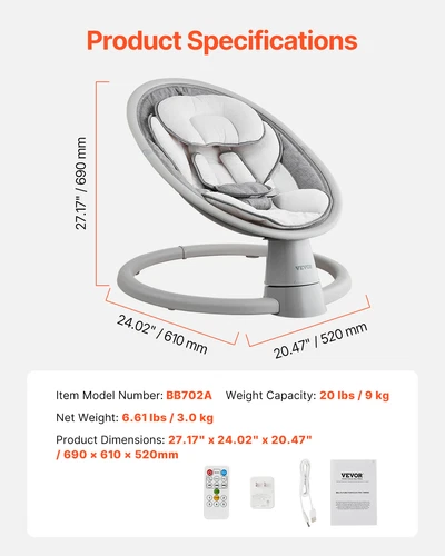 VEVOR Columpio para Bebés con 5 Velocidades Control Remoto 690 x 610 x 520 mm - Imagen 7 de 12