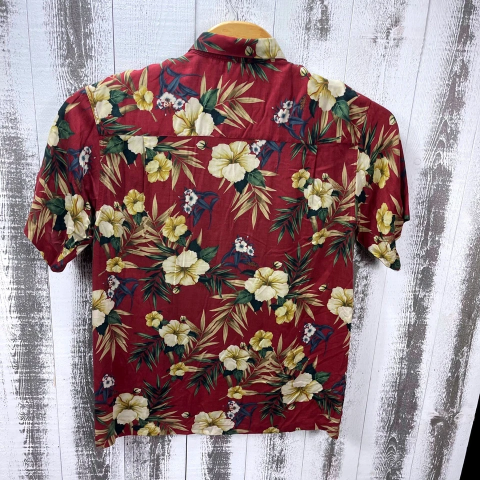 复古 Ron Chereskin 人造丝夏威夷衬衫男式 M 勃艮第花卉韩国制造 — 第 3/4 张图片