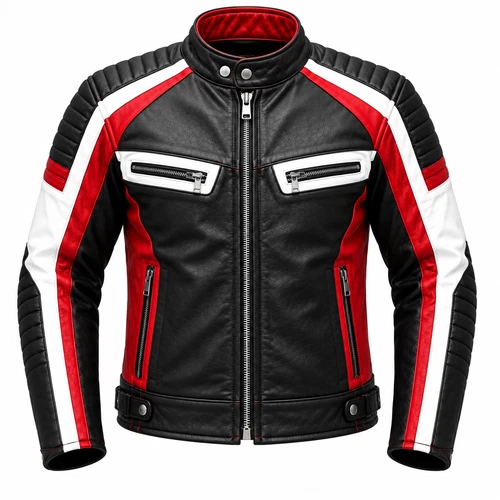 Men's Black Red White Leather Look Motorcycle Racing Biker Jacket - product listing photo