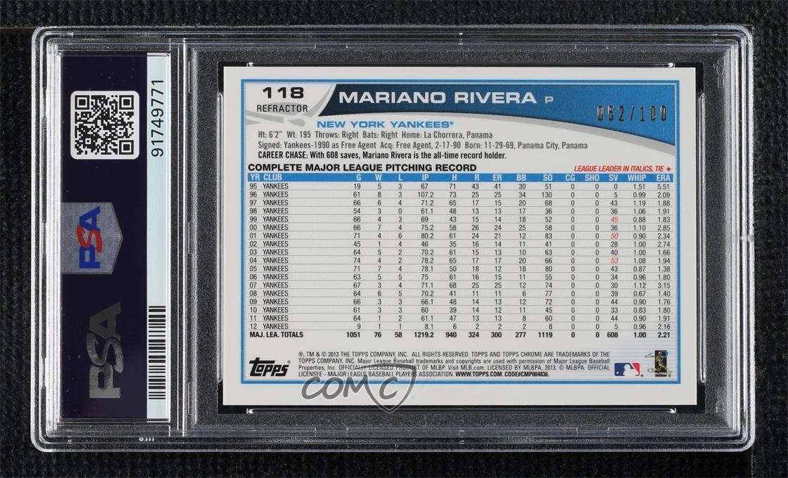 2013 Topps Chrome Black Refractor 52/100 Mariano Rivera #118 HOF 7xr view 2