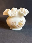 Fenton Vase Satin Creamy Custard Glass Hand Painted Flowers & Signed Vintage