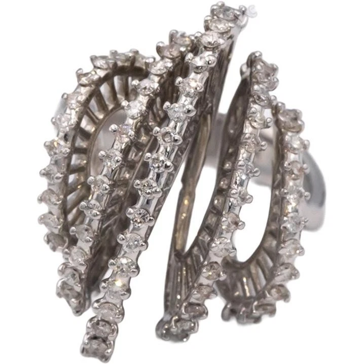 Anillo abstracto vintage de diamantes de corte redondo de 0,95 quilates de oro blanco de 14 k talla 5,5