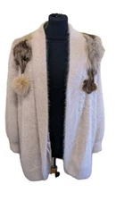 Vintage Millennium 80s Angora Cardigan Fox Fur Collar, Size UK 14, EU 42, US 10.