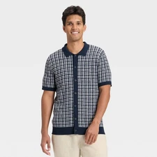 Men's Short Sleeve Full Button Sweater - Goodfellow & Co Navy/Cream L