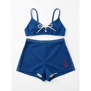VTG Elisabeth Stewart Blue Nautical Anchor Bikini Set High Waist Shorts Sz 8