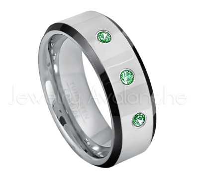 2-Tone Beveled Tungsten Ring 0.21ctw Emerald 3-Stone Ring May Birthstone #218