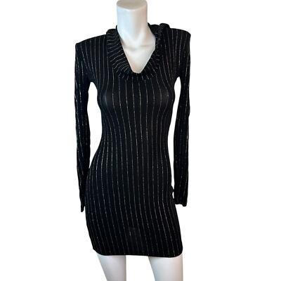 Brian Lichtenberg Black & Gold Metallic Glitter Striped Hooded Mini Dress  sz S | eBay