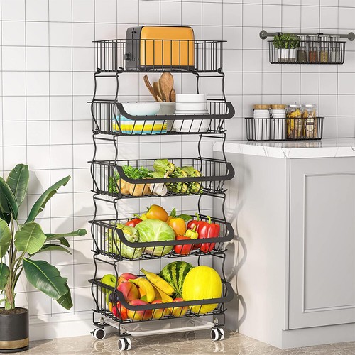 STORAGE STACKING WIRE BASKET STACKABLE SHELVES VEGETABLE FOOD KITCHEN RACK WHEEL - Picture 11 of 43