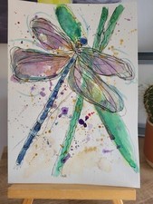 Libelle Aquarell und Stiftmalerei. A4 Größe Original. Signiert. Ungerahmt. 