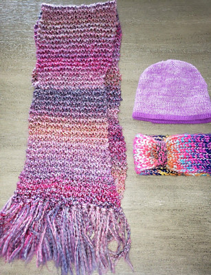 3 pc WOMENS KNIT WINTER LOT SCARF HEADBAND EARMUFF HAT PURPLES CLEAN!