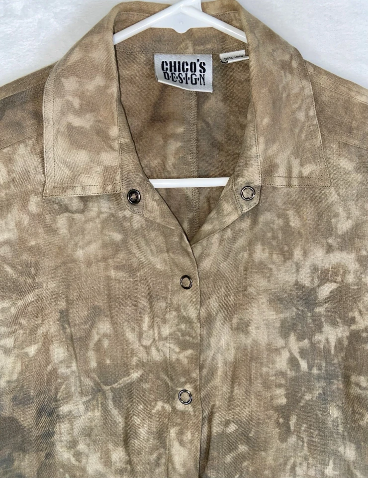 Chico's Design Shirt Women's Size 0 Brown Tie Dye Print 100% Linen Button-Up EUC - Изображение 2 из 4