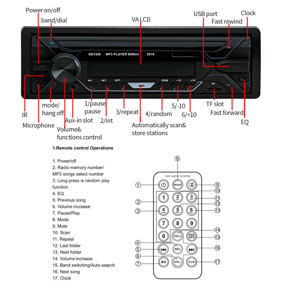12V 1 Din Car Radio Bluetooth Stereo FM/USB/AUX/SD In-dash Head Unit ...