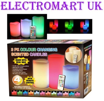 3 X FARBWECHSEL FLACKERNDE FLAMMENLOSE LED WACHS STIMMUNGSKERZEN VANILLE DUFT