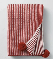 Hearth Hand Magnolia Red Blended Stripe Chunky Knit Pom Throw Blanket New