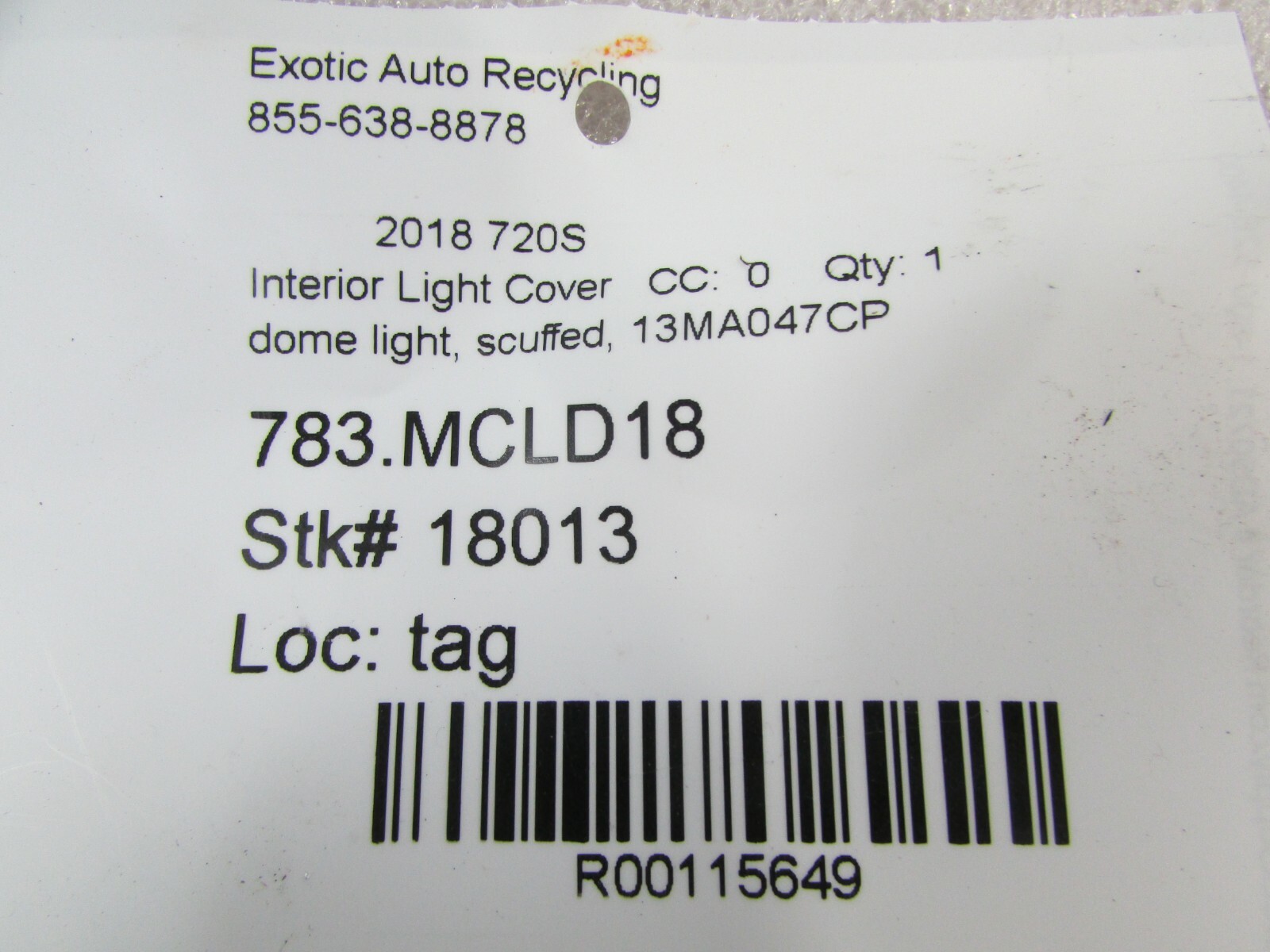 Mclaren 720S, Dome Light, Damaged, Used, P/N 13MA047CP