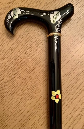 New Ladies Exquisite Wooden Hand Painted Black Floral Derby Handle Walking Cane - Picture 2 of 6