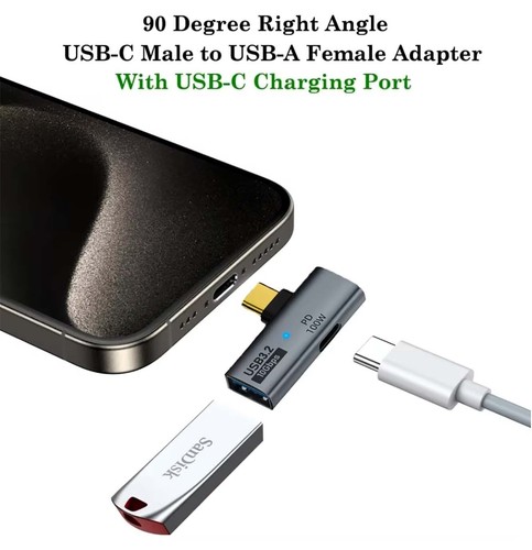 Adaptateur de Charge USB Type C OTG 2 en 1 PD 100W Transfert USB3.2 10 Gpbs 90° - Photo 3 sur 11