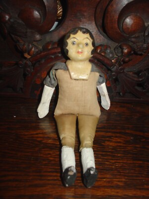 Vintage Art Deco Flapper Doll Paper Mache Cloth Saw Dust Straw Filled 8''