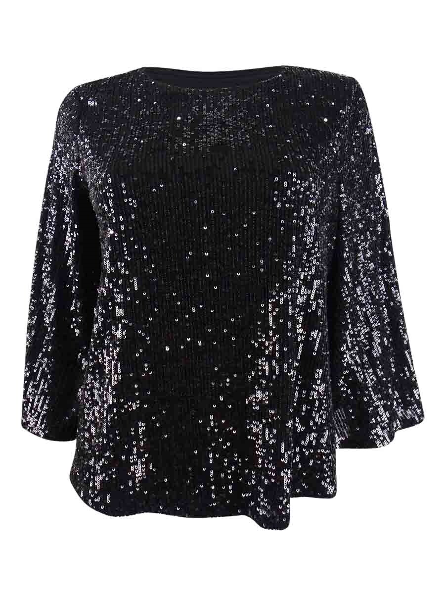 Alfani Women's Sequined Bell-Sleeve Top (XS, Deep Black) 732998078715 | eBay