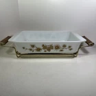 Vintage 60s Pyrex Golden pinecone 2 qt casserole dish and server cradle No Lid