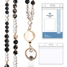 Natural Stone Beaded Teacher Lanyard with ID Holder - Retractable  Breakaway...