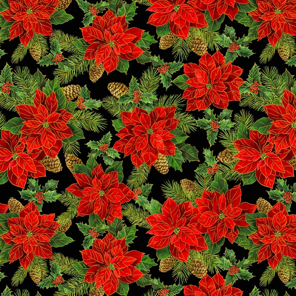 TIMELESS TREASURES BTHY Holiday Christmas Red Poinsettia Metallic Black Cotton Fabric By Half Yard