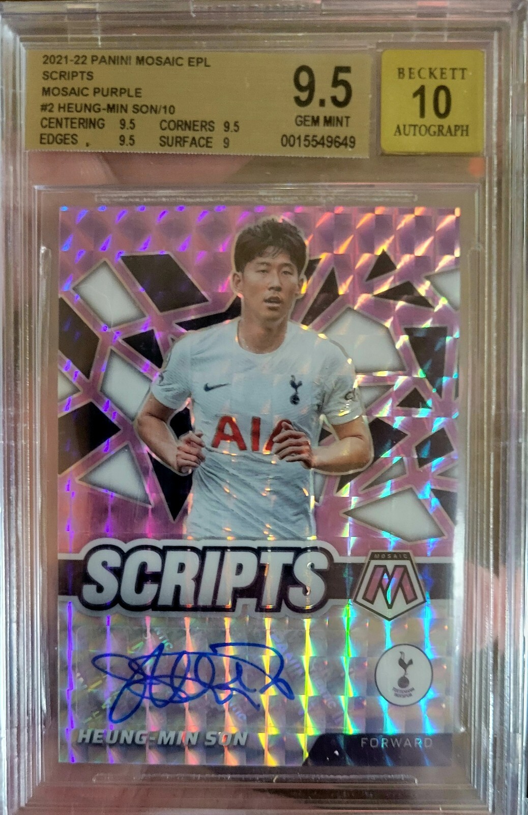 HEUNG-MIN SON 2021-22 Mosaic EPL Scripts Auto Mosaic Purple /10 BGS 9.5 POP 1