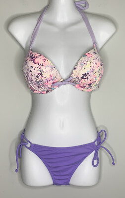 Victoria s Secret Gorgeous Bombshell Bikini 32D  Small 2pc Purple Floral Push Up
