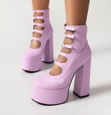 Platform Womens High Block Heel Ankle Boots Multi Buckle Zip Shoes 14cm Cosplay