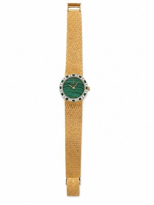 Corum Diamond Emerald Bezel 18K Yellow Gold Malachite Dial Ladies Manual Watch