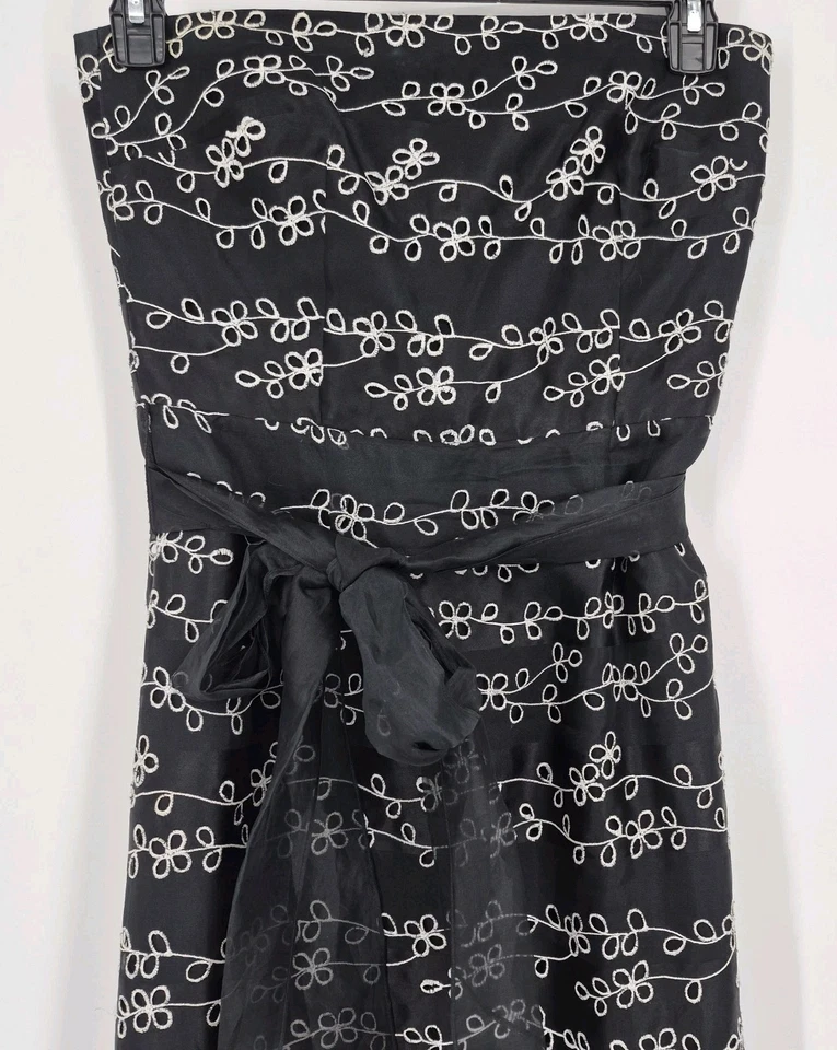 Maxi Vestido Formal Kay Unger Negro Blanco Bordado Sin Tirantes Seda Talla 4 Foto 2 de 4