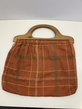 Vintage Wooden Handle Handbag Orange Plaid Fabric Purse Retro 60s 70s Boho
